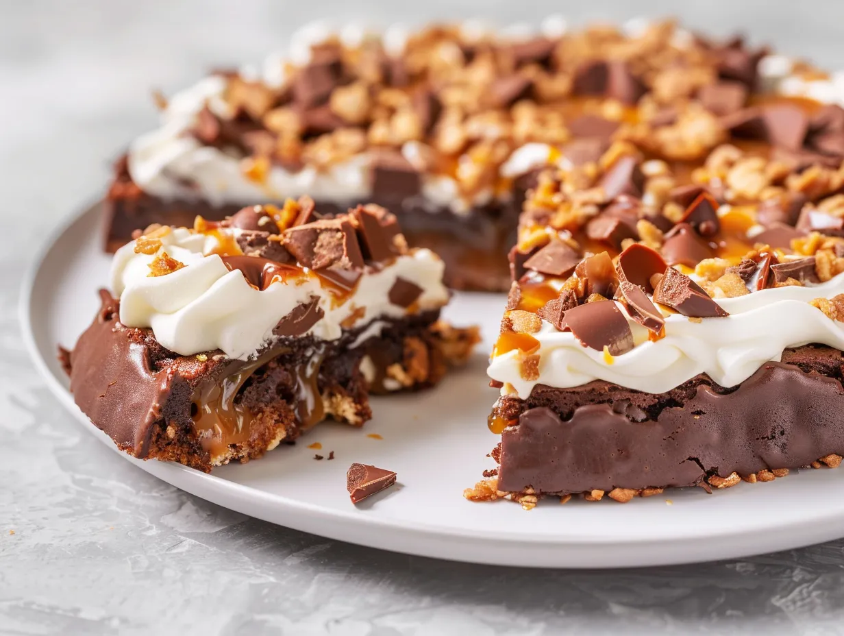 Kladdkaka med tosca med knäckig mandeltopping och seg chokladbotten, skuren i rutor på fat.