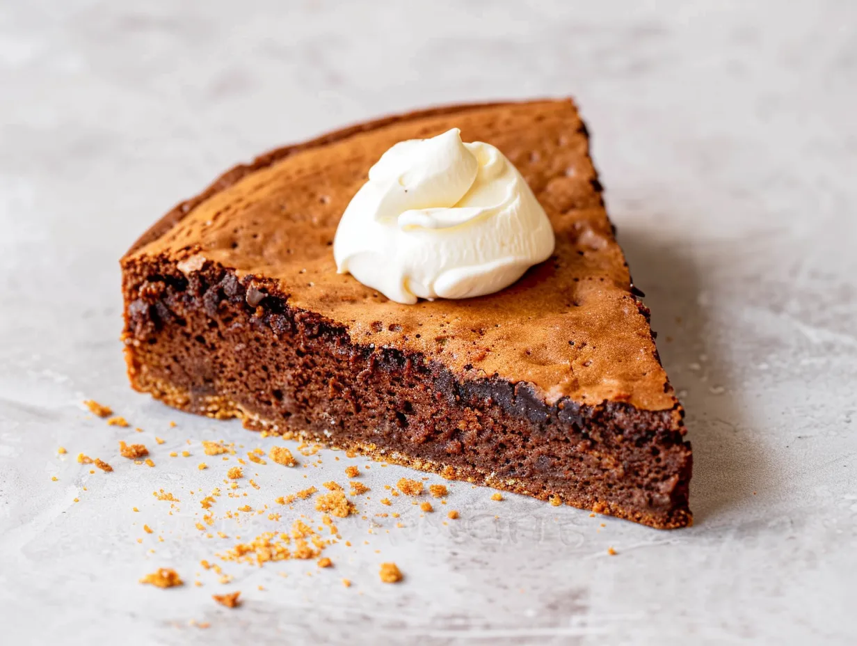 Kladdkaka proteinpulver med fudgy chokladmitt i liten form, skuren i bitar och serverad på fat.