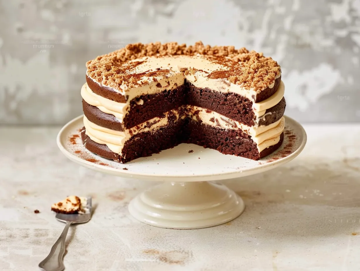 Kladdkaka tårta med två kladdiga chokladbottnar och krämig färskostfyllning, serverad i generösa tårtbitar.