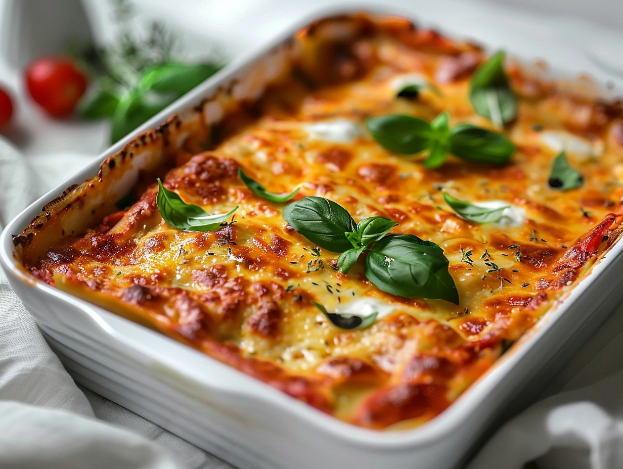 En gratängform med nylagad klassisk lasagne med gyllenbrun ostyta och färsk basilika serverad på ett rustikt träbord.