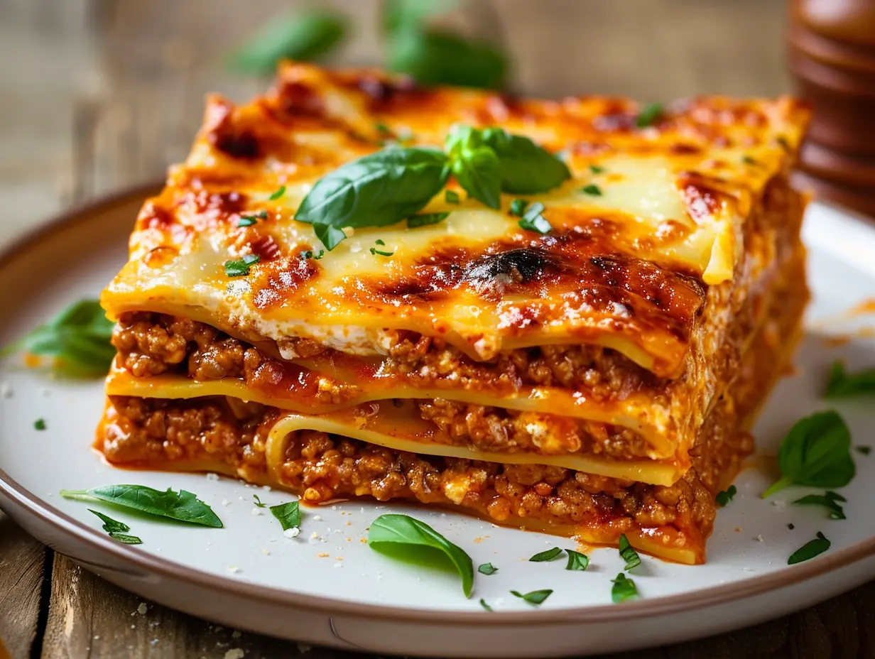 En rykande varm klassisk lasagne med gyllenbrun ostyta serverad på en vit tallrik med färsk basilika.