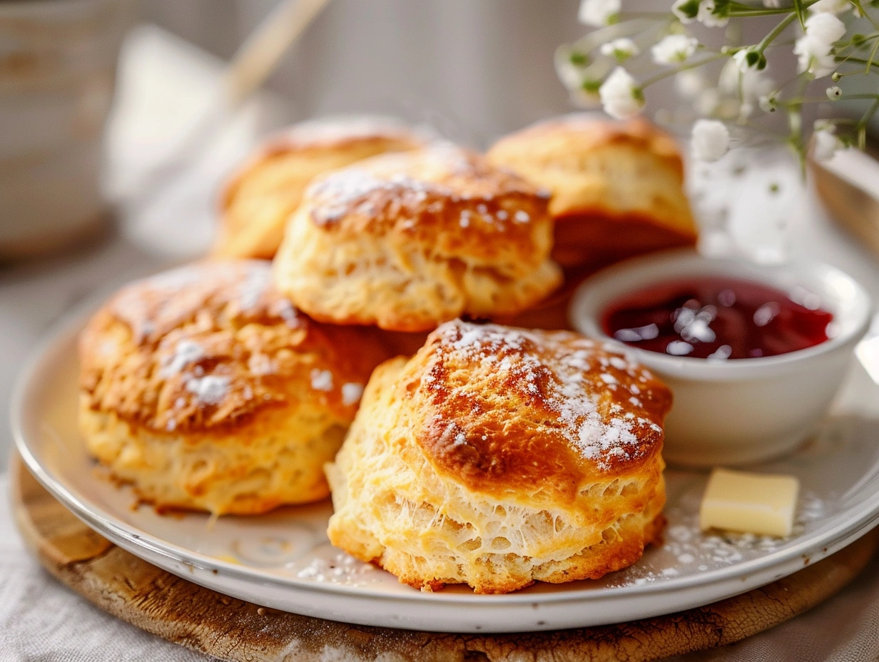 Nybakade klassiska scones med gyllenbrun yta serverade med smör, ost och marmelad på en rustik skärbräda.