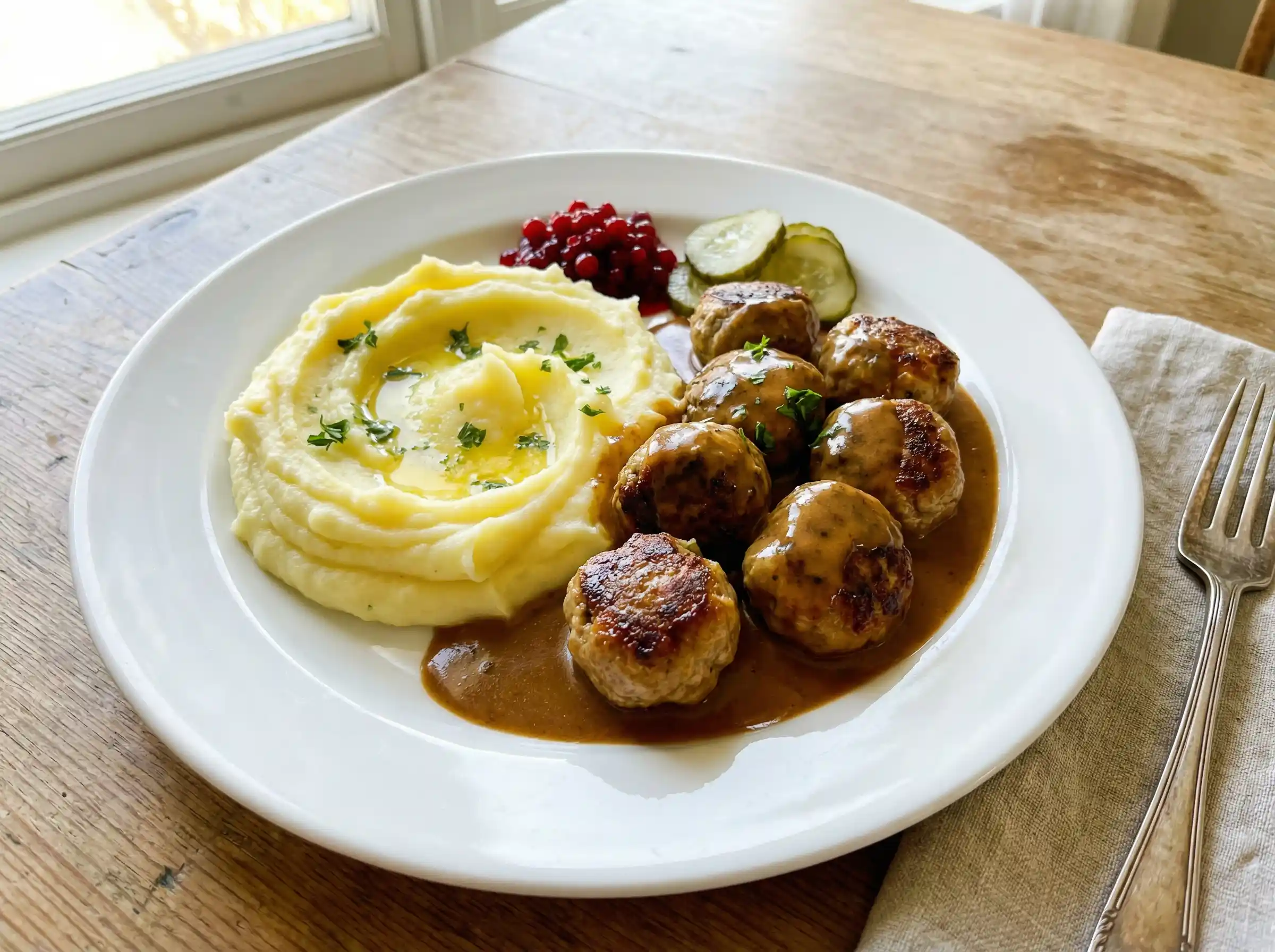 Köttbullar med potatismos på tallrik med gräddsås, lingon och pressgurka i enkel svensk servering.