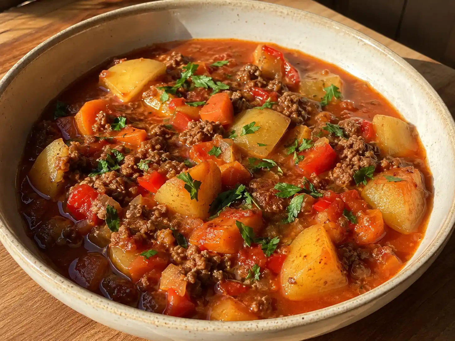 köttfärsgryta med potatis i djup tallrik med nötfärs, mjuka potatisbitar, morot och persilja