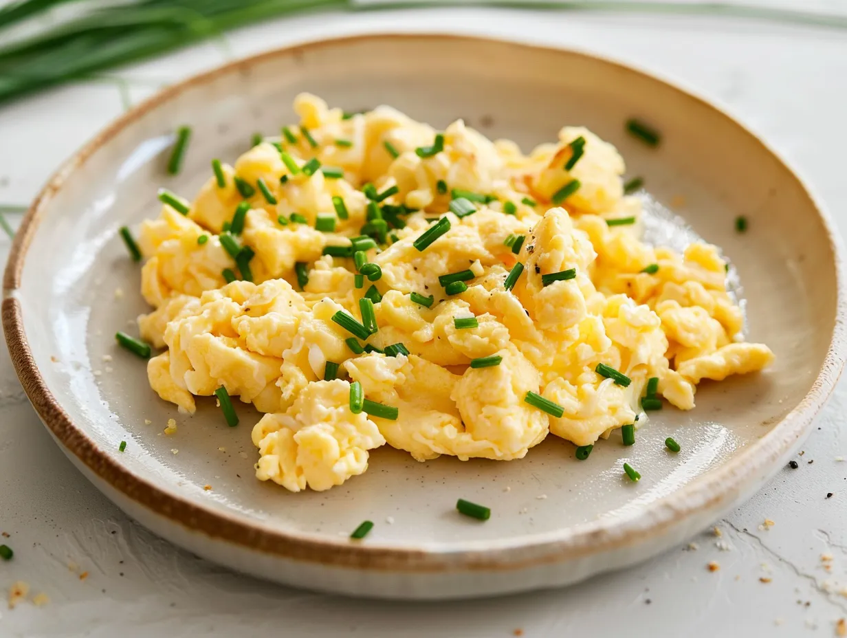 krämig äggröra som fortfarande är mjuk och glansig i stekpanna