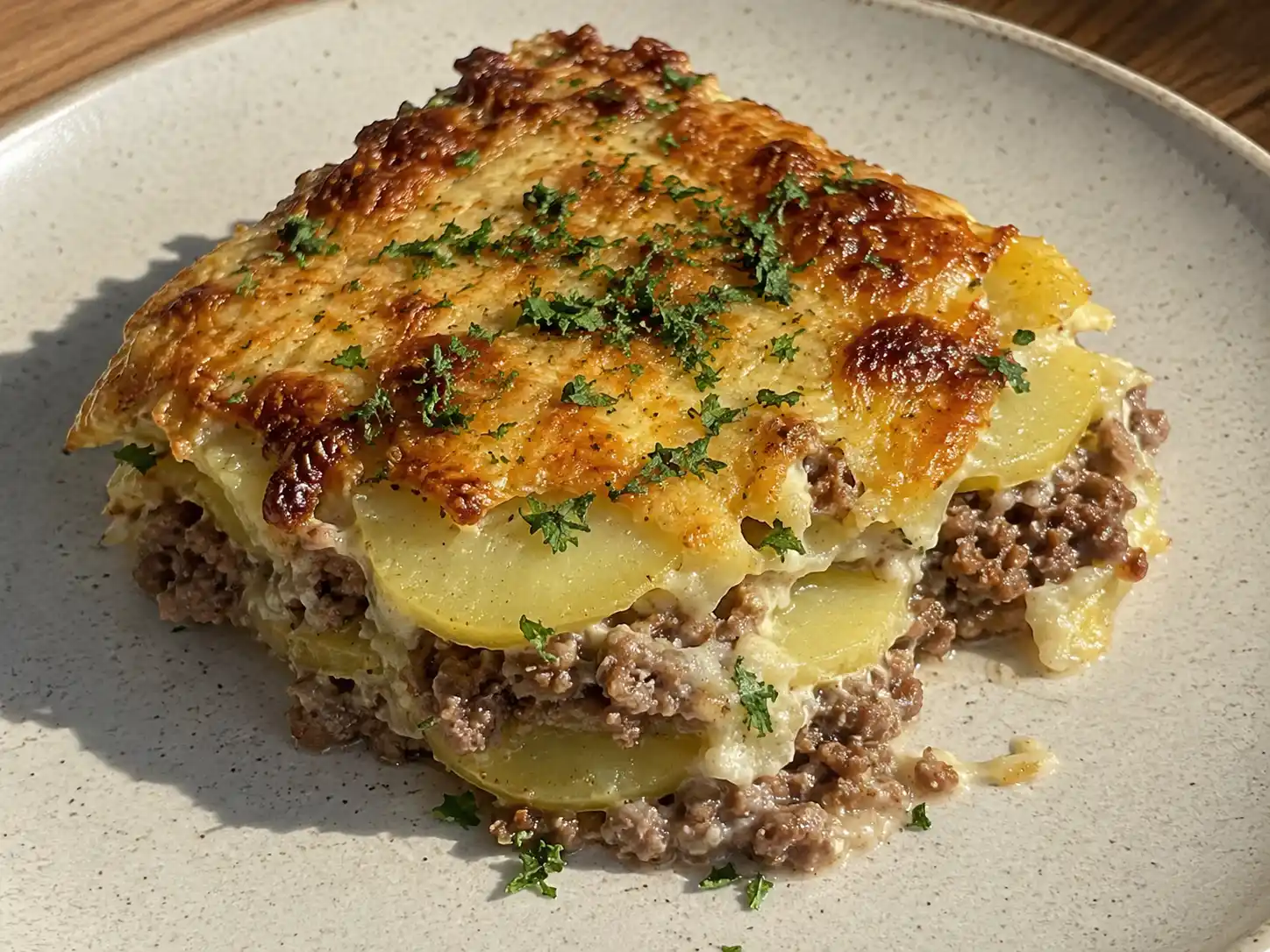 krämig köttfärsgratäng med potatis med gyllene ostyta, mjuka potatisskivor och brynt köttfärs