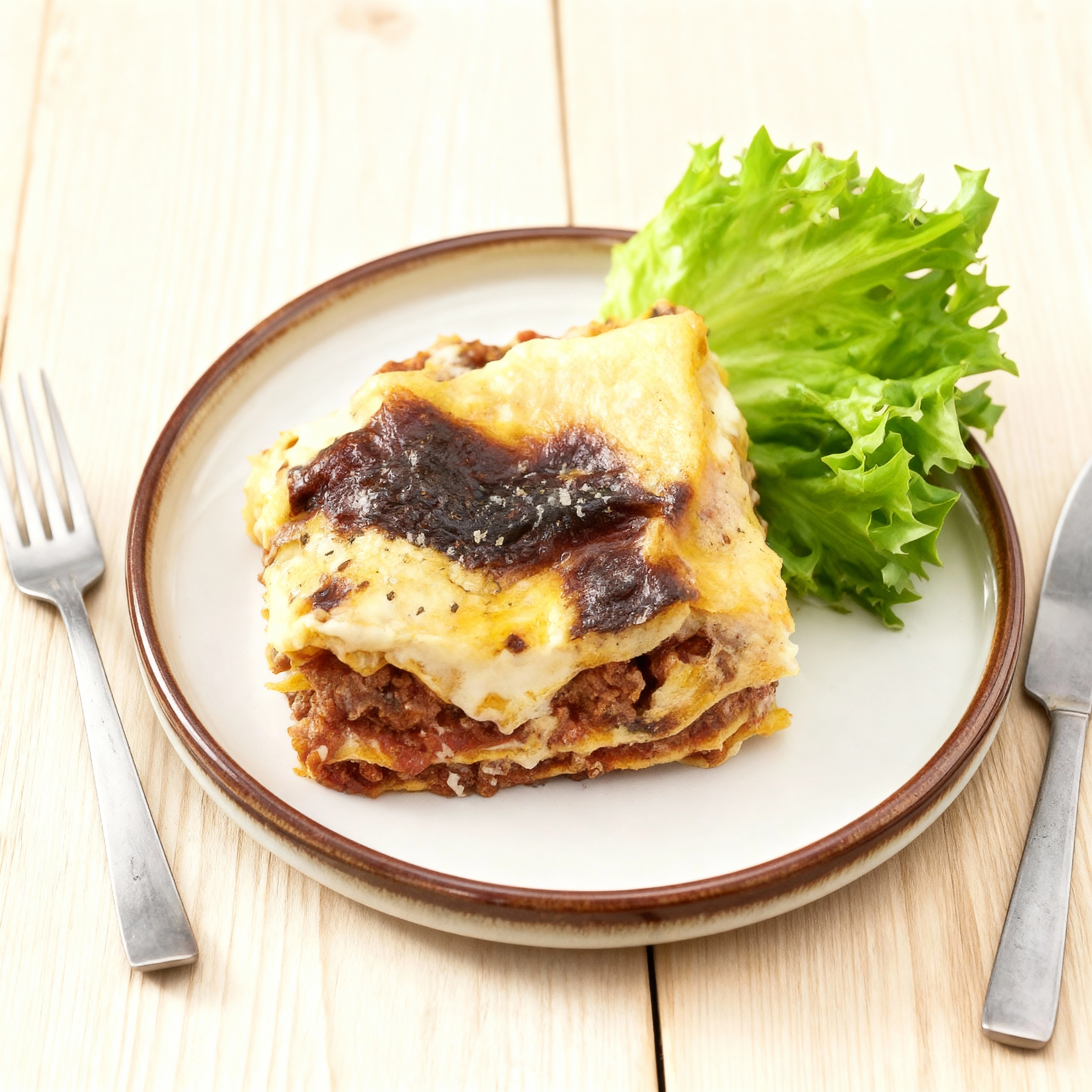 Klassisk lasagne på tallrik med grönsallad