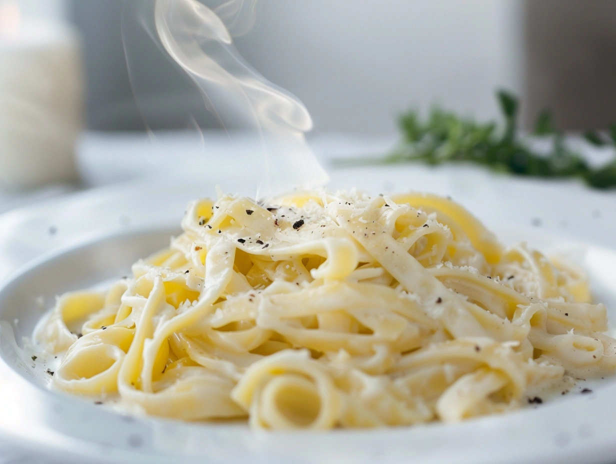 En närbild på en tallrik med krämig pasta Alfredo toppad med rikligt med riven parmesan och nymalen svartpeppar.