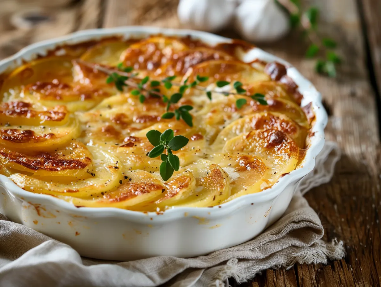 En ugnsform fylld med rykande varm krämig potatisgratäng med gyllenbrun yta och bubblande gräddsås.