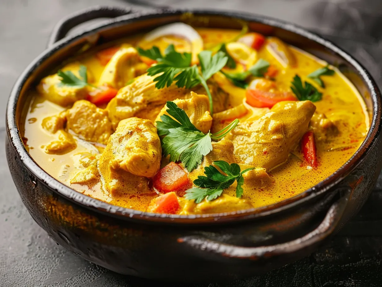 En mustig kyckling curry gryta kokosmjölk med färska örter serverad i en rustik skål.