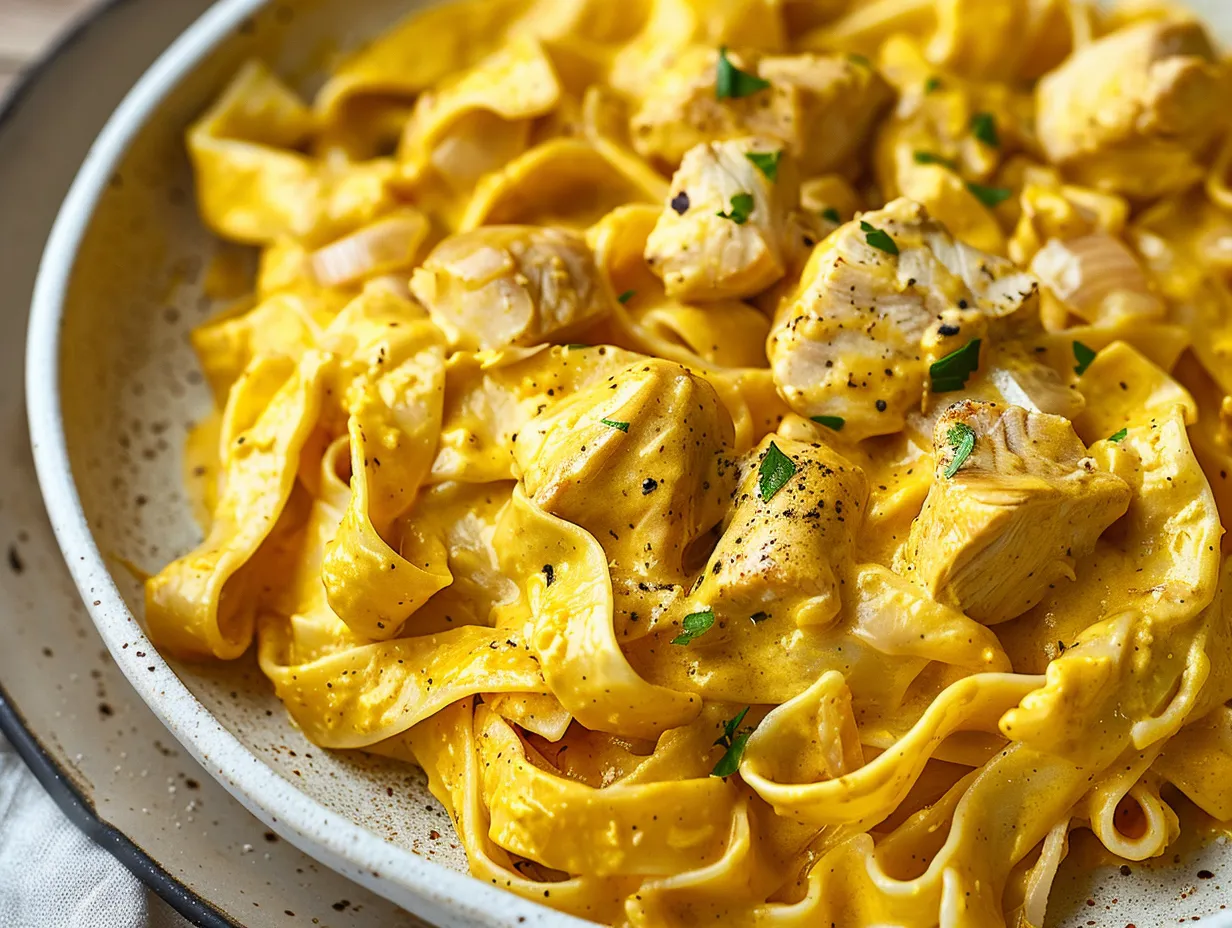 Kyckling curry pasta i en krämig gul sås med färsk persilja, serverad i en djup skål på ett rustikt träbord.