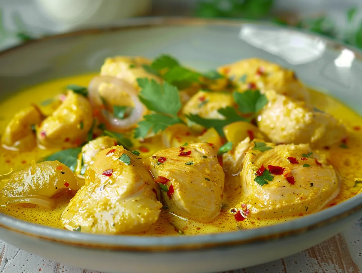 Detta krämiga kyckling curry recept visar en mustig gul gryta i skål toppad med färsk koriander och serverad med ris.