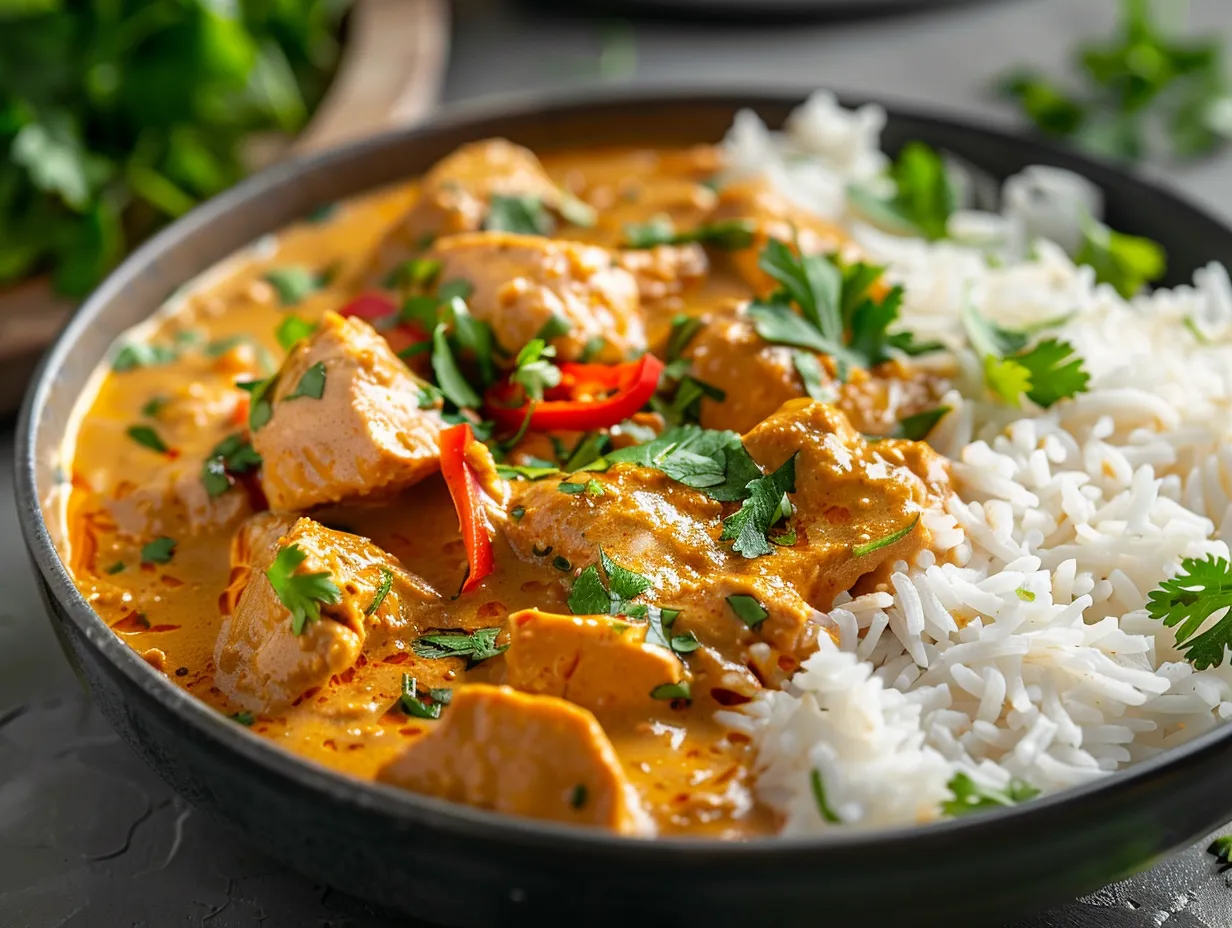 En inbjudande tallrik kyckling curry ris med krämig gul sås och fluffigt ris, toppad med färska örter och serverad rykande varm.