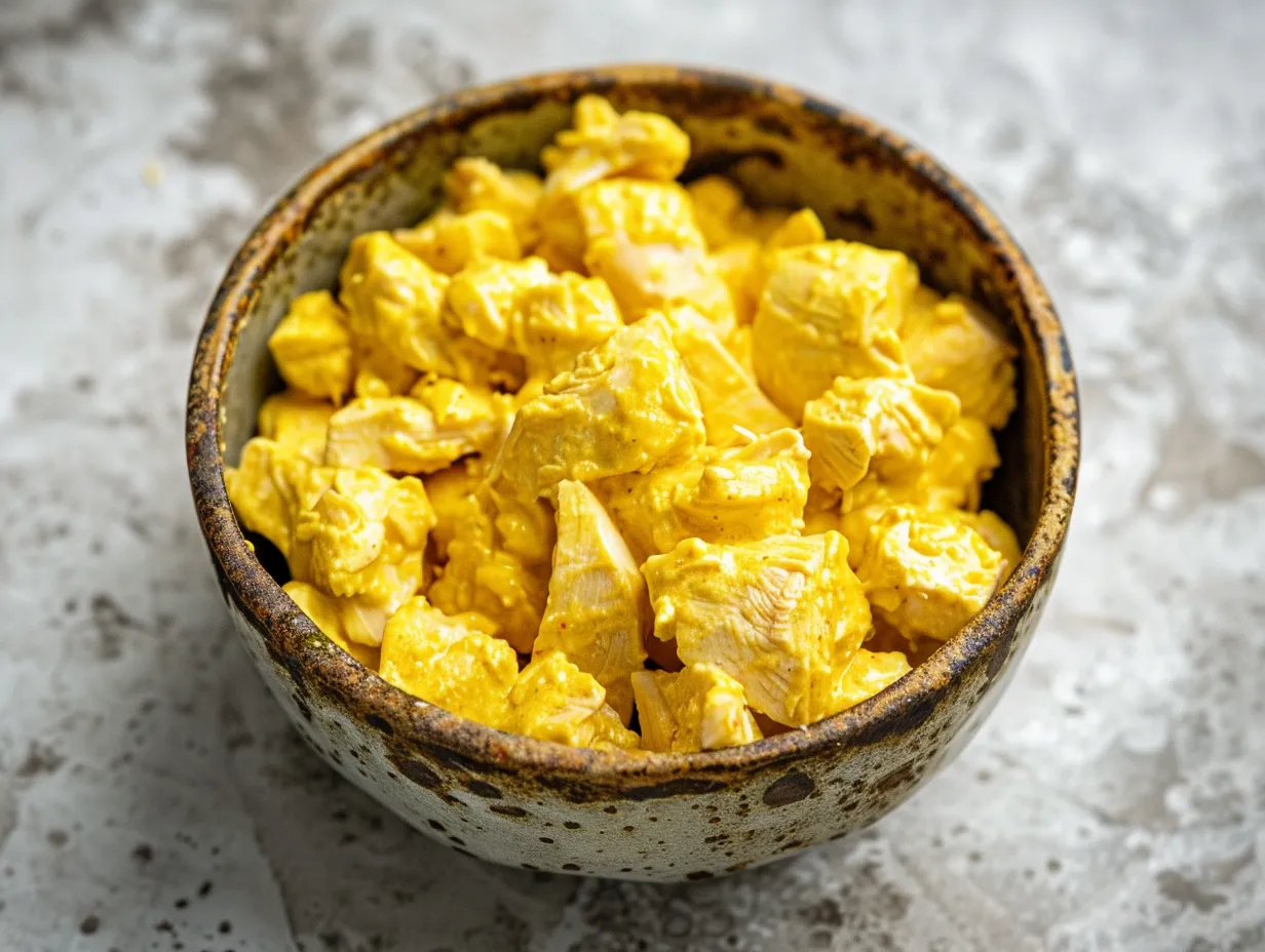 En skål fylld med krämig kyckling curry röra toppad med färska örter, serverad bredvid en frasig baguette på en träbräda.