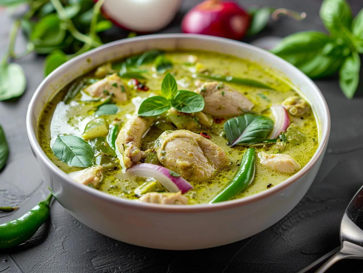 En krämig skål med kyckling i grön curry, toppad med krispiga sockerärtor och färsk koriander serverad bredvid vitt ris.