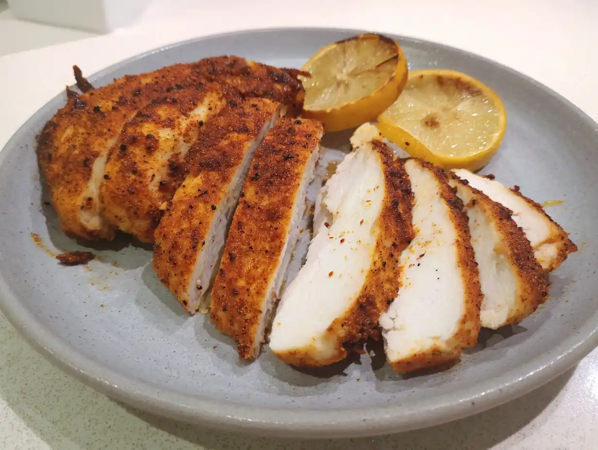 kyckling i airfryer på tallrik med gyllene yta, saftig insida och rostade citronklyftor i enkelt hemmakök.