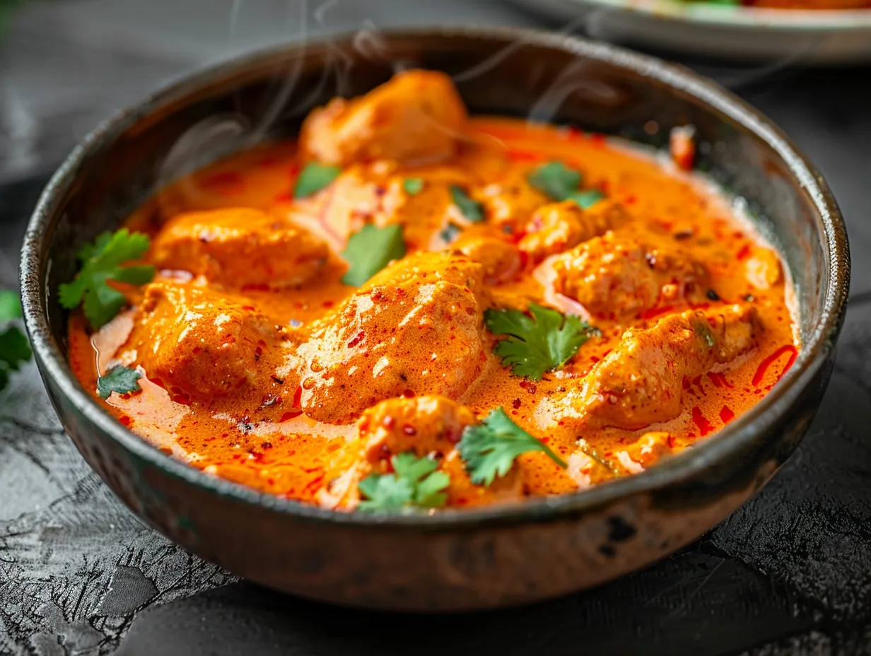 En mustig kyckling i röd curry serverad i skål med röd paprika, morotsslantar och färsk koriander ovanpå fluffigt jasminris.