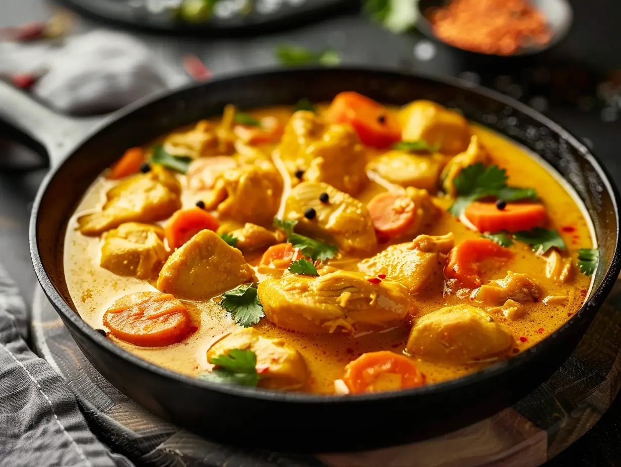 Kyckling kokosmjölk curry serverad i en djup skål med vitt ris, toppad med krispig paprika och färska örter.