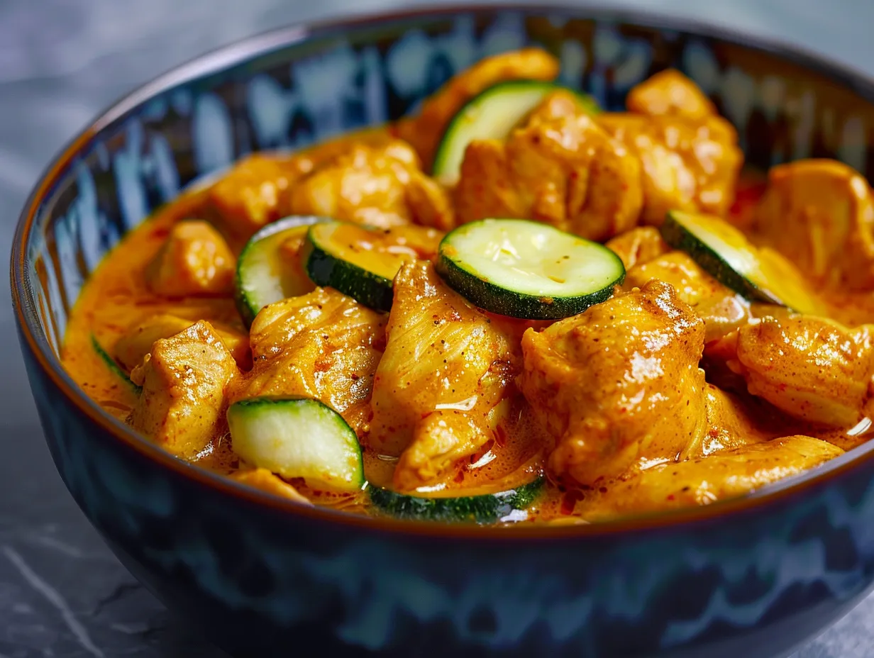 En ångande skål med kyckling med röd curry och krispiga grönsaker i en krämig kokossås serverad med jasminris.