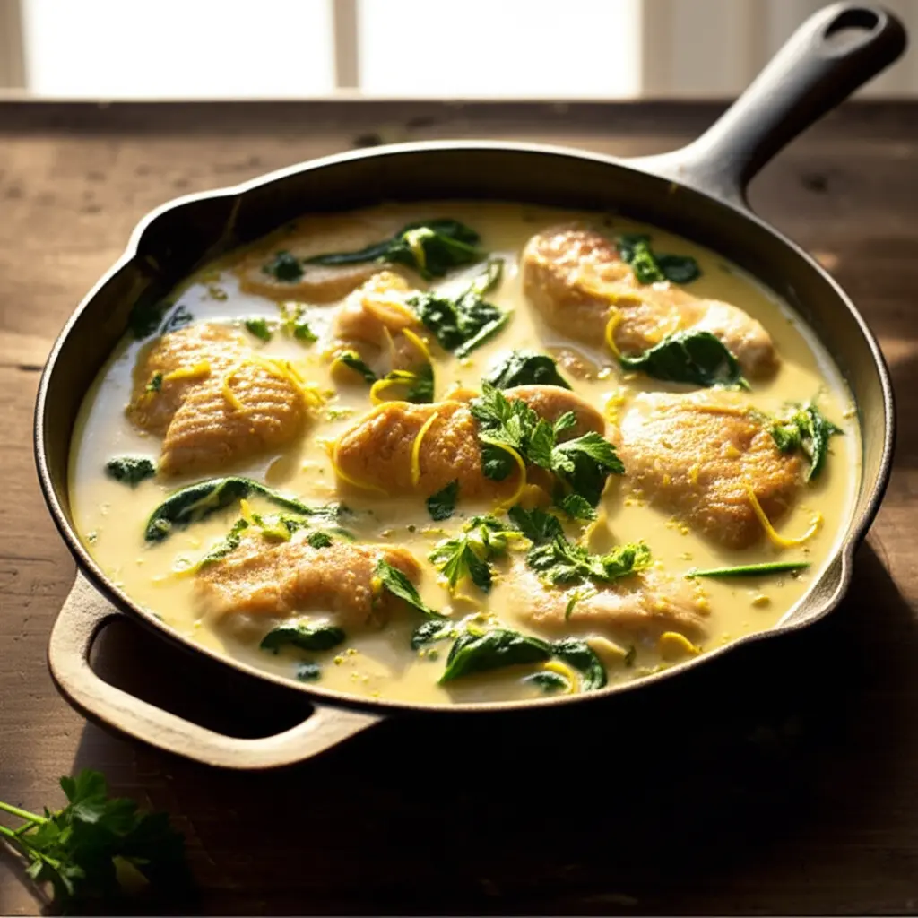 Krämig citron- och vitlökskyckling i panna