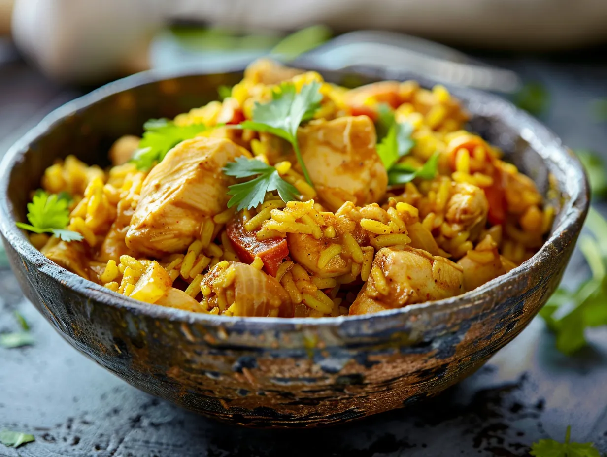 En rykande het gryta med kyckling ris curry där gula riskorn och saftiga kycklingbitar blandas med färgglad paprika.