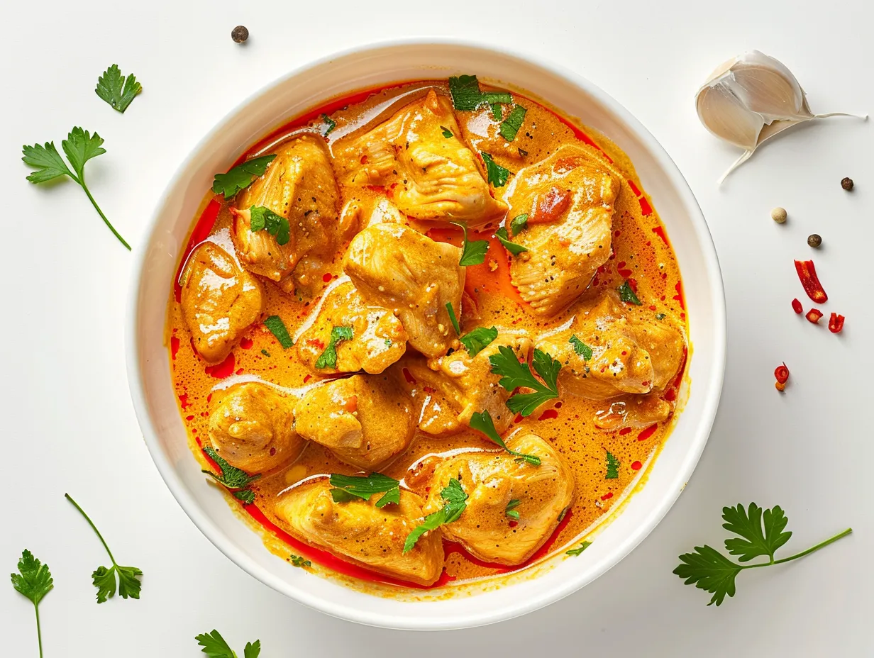 En krämig kyckling röd curry ica stil serverad i en djup tallrik med paprika och fluffigt ris.