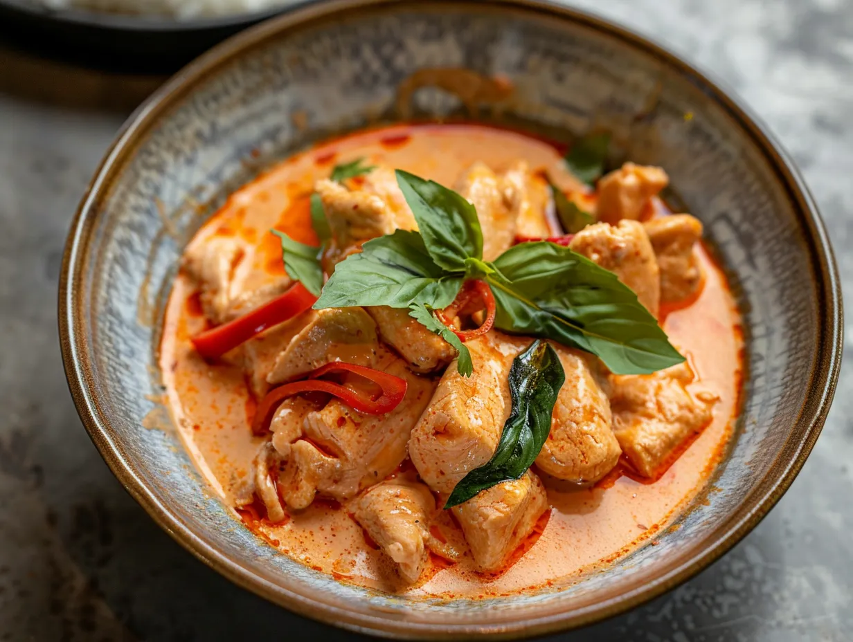 En krämig kyckling röd curry serverad med fluffigt ris i en vit skål toppad med färska örter.