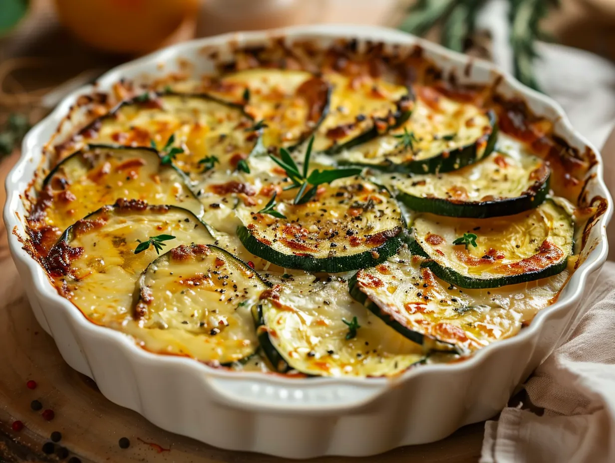 En gyllene kycklingfärsgratäng med zucchini som bubblar i formen, toppad med smält ost och färsk oregano.