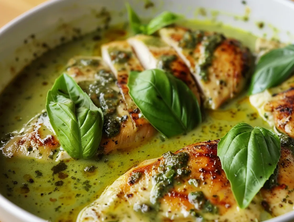 En närbild på saftig kycklingfilé i krämig pestosås serverad med nykokt pasta och toppad med färsk basilika.