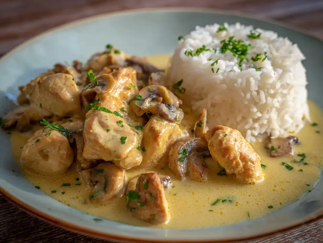 Kycklinglårfilé dijonsenap i krämig svampsås med timjan och persilja serverad med ris.