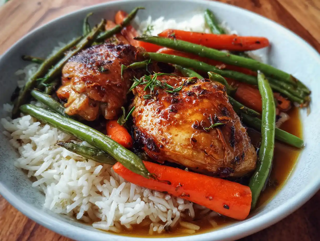 Kycklinglårfilé fryst tillagad i ugn med morötter och gräddig sojasås serverad med ris.