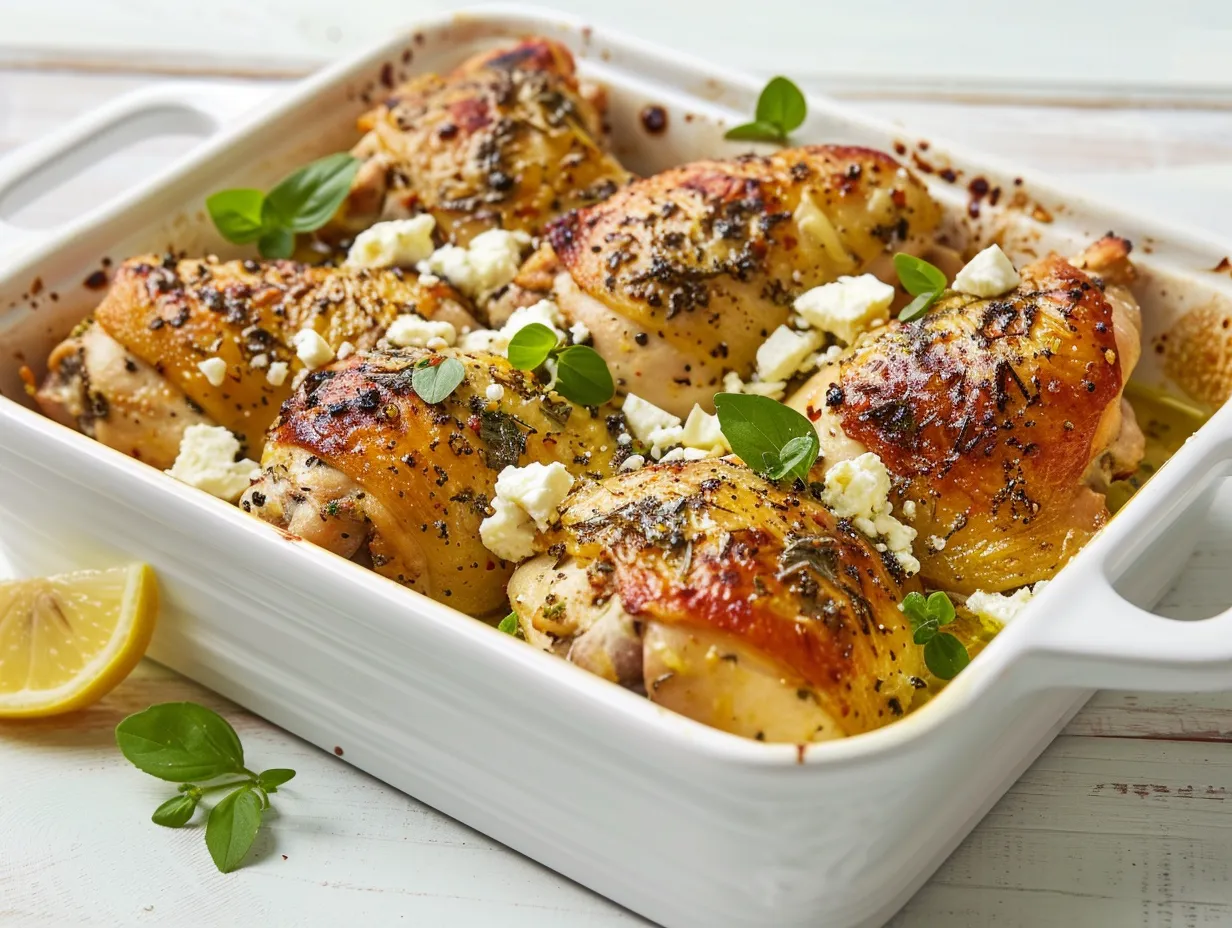 En ugnsform med gyllenbrun kycklinglårfilé med fetaost och citron toppad med färsk oregano och olivolja.