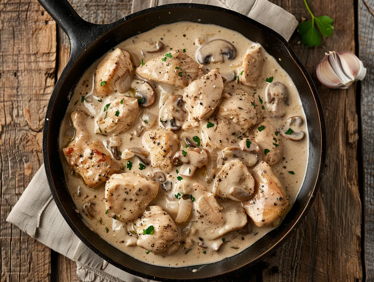 En ugnsform med gyllenbrun kycklinglasagne med pesto och smält ost, toppad med färsk basilika och serverad på bord.