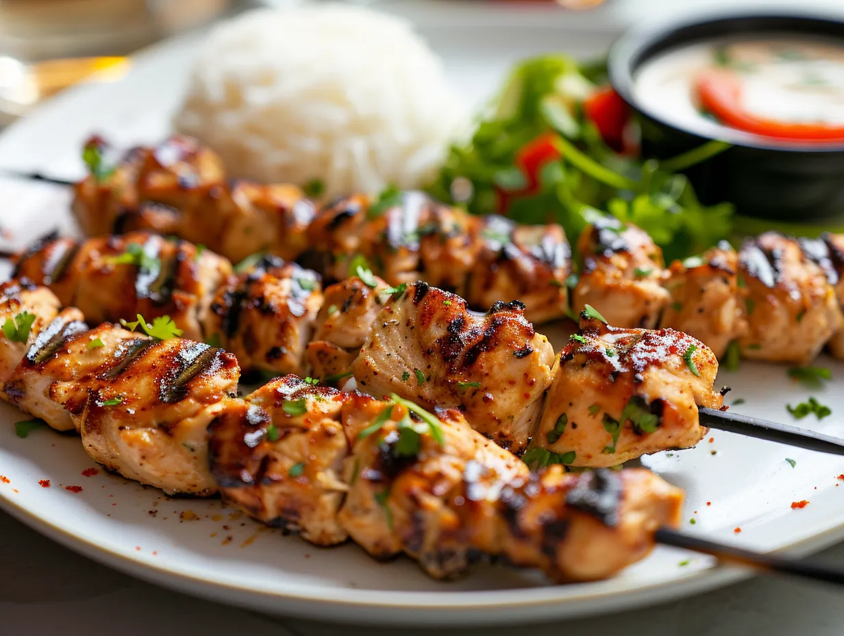 Kycklingspett med jordnötssås serverade på ett fat med krämig sås och färsk lime bredvid.