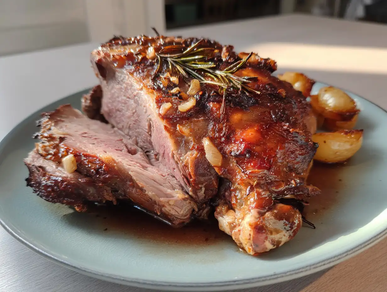 Lamstek med ben uppskuren på fat med rostad yta, rosa mitt, vitlök och sky från formen.