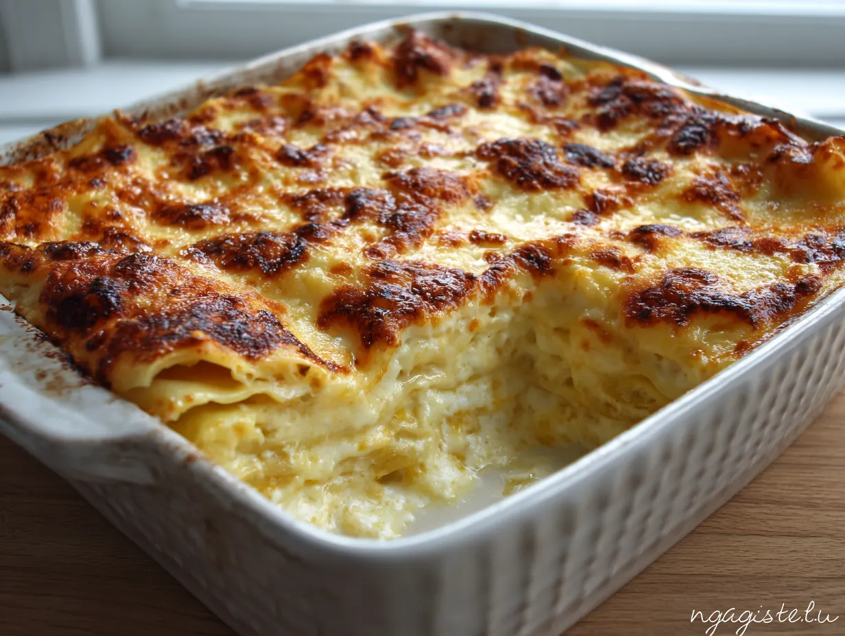 En nygräddad lasagne bianca med gyllenbrun mozzarellaost och färsk basilika serverad på ett fat, krämig och inbjudande.