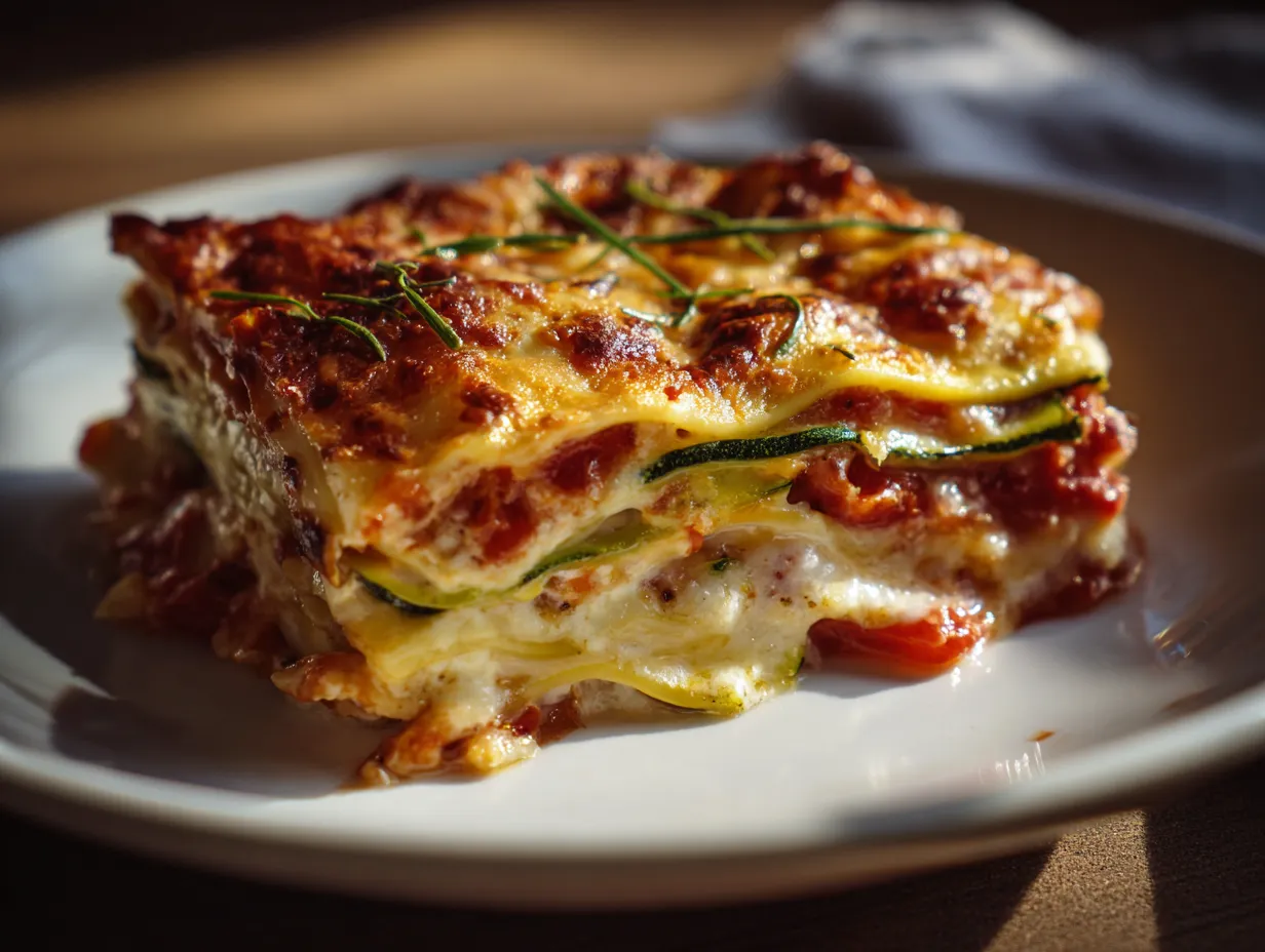 En gratinerad form med gyllenbrun lasagne med svamp och ricotta, toppad med smält ost och färska örter på ett rustikt bord.