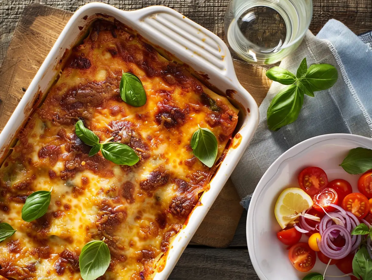 En rykande het form med hemlagad lasagne med gyllenbrun osttäcke och krämiga lager av köttfärssås.