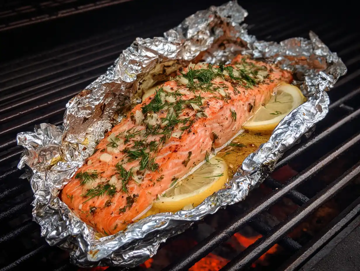 Lax i folie grill – öppet foliepaket med lax, citronskivor och dill, ånga stiger, naturligt ljus