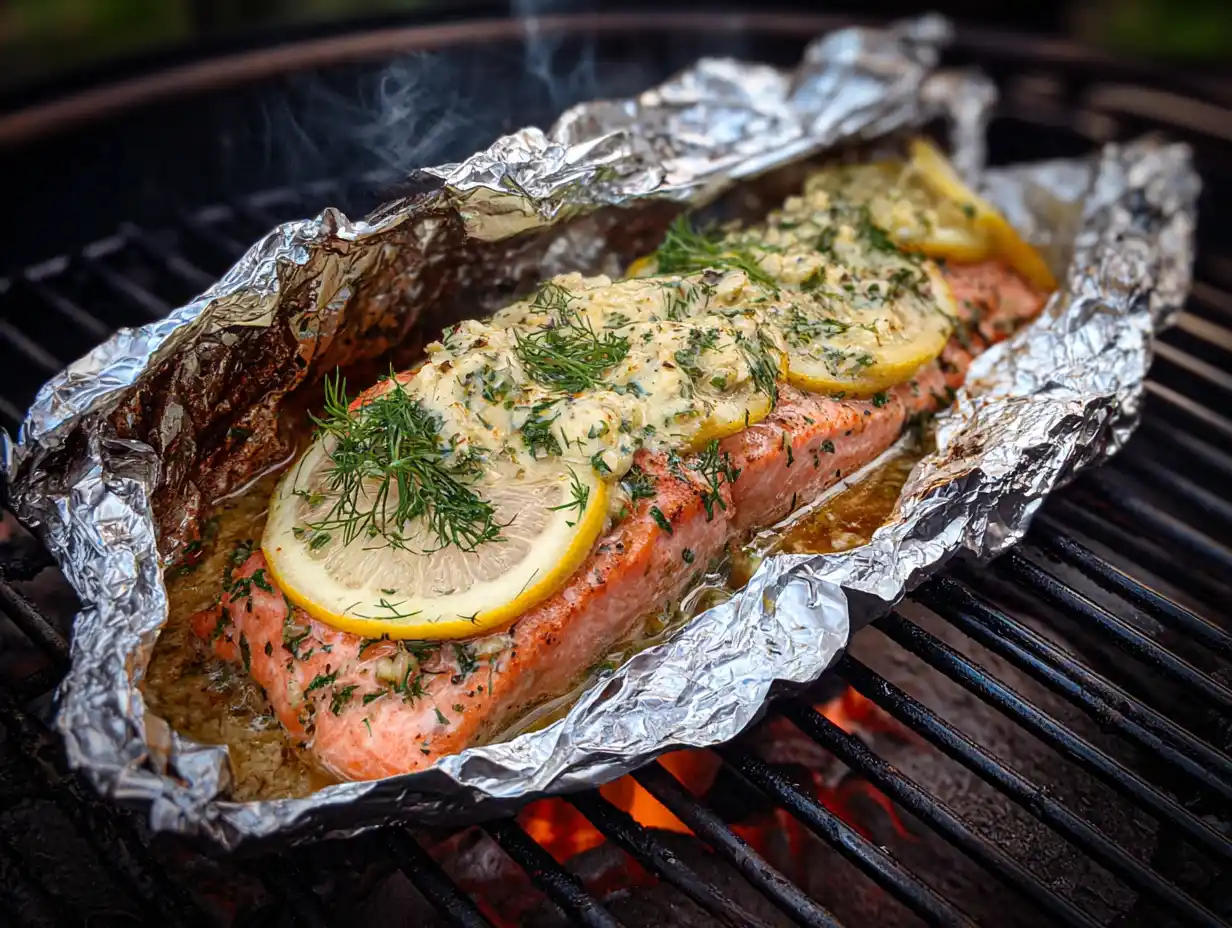 Lax på grillen i folie – öppnat foliepaket med lax, dill och citron på grillen, naturligt ljus
