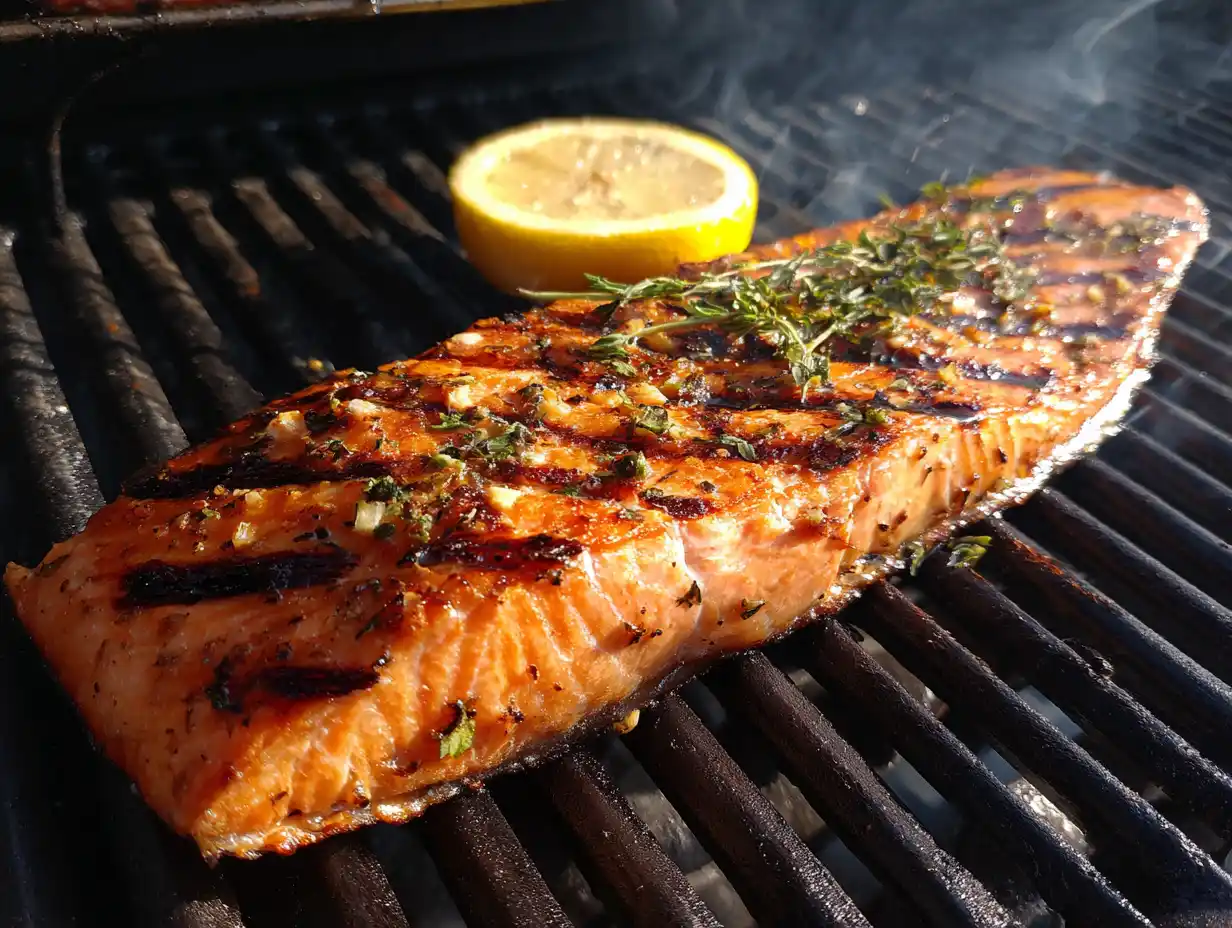Lax på grillen med tydliga grillmärken och krispigt skinn, citronklyftorna och dill bredvid