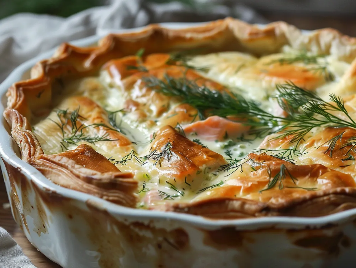 En nygräddad laxpaj med gyllenbrun kant fylld med bitar av lax och färsk dill, garnerad med citronskivor på ett vackert fat.