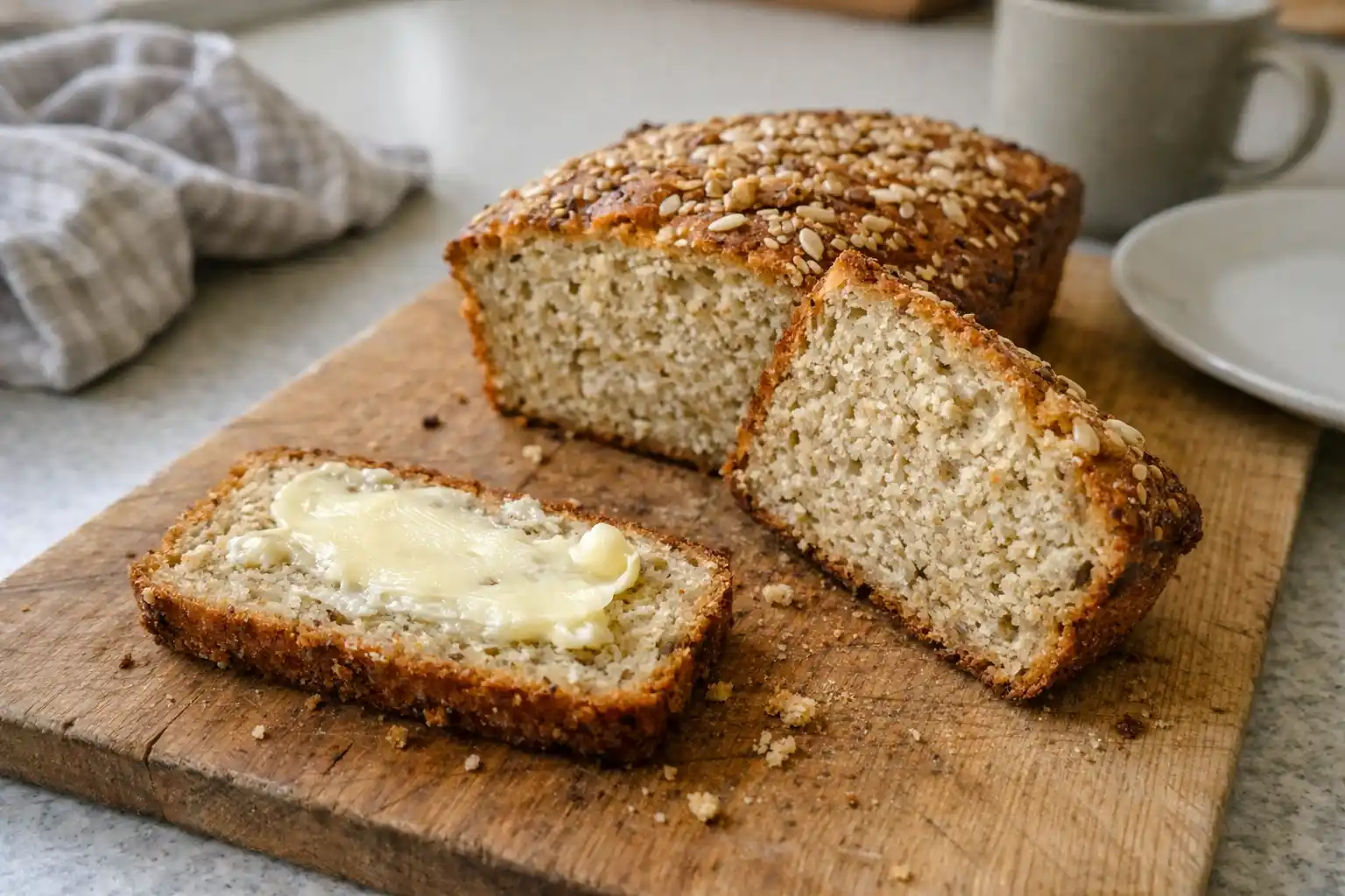 LCHF bröd med frön och mandelmjöl skuret i skivor på en skärbräda hemma i köket