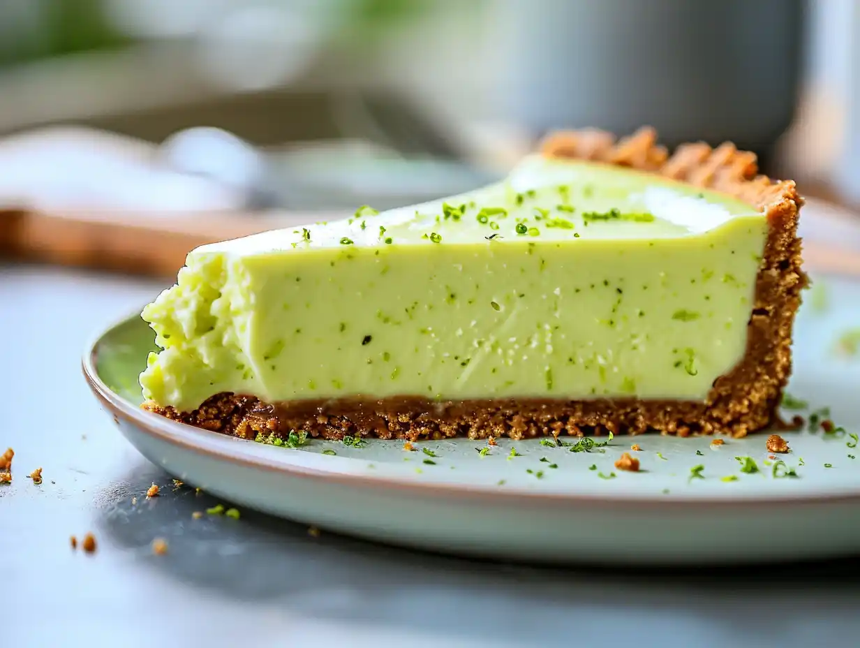 lime cheesecake på fat med ljusgrön fyllning, jämn yta och smulig kexbotten i naturligt ljus