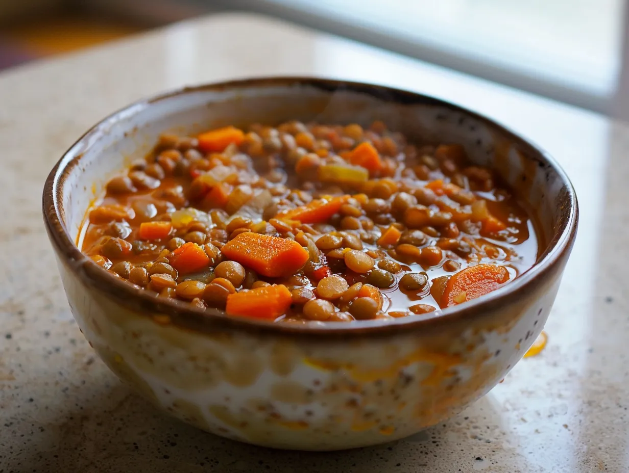 Linsgryta recept med röda linser, tomat och morot serverad rykande varm