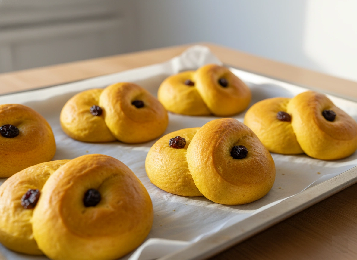 Saftiga lussebullar garnerade med russin ligger på en plåt och sprider julstämning med sin gyllengula färg.