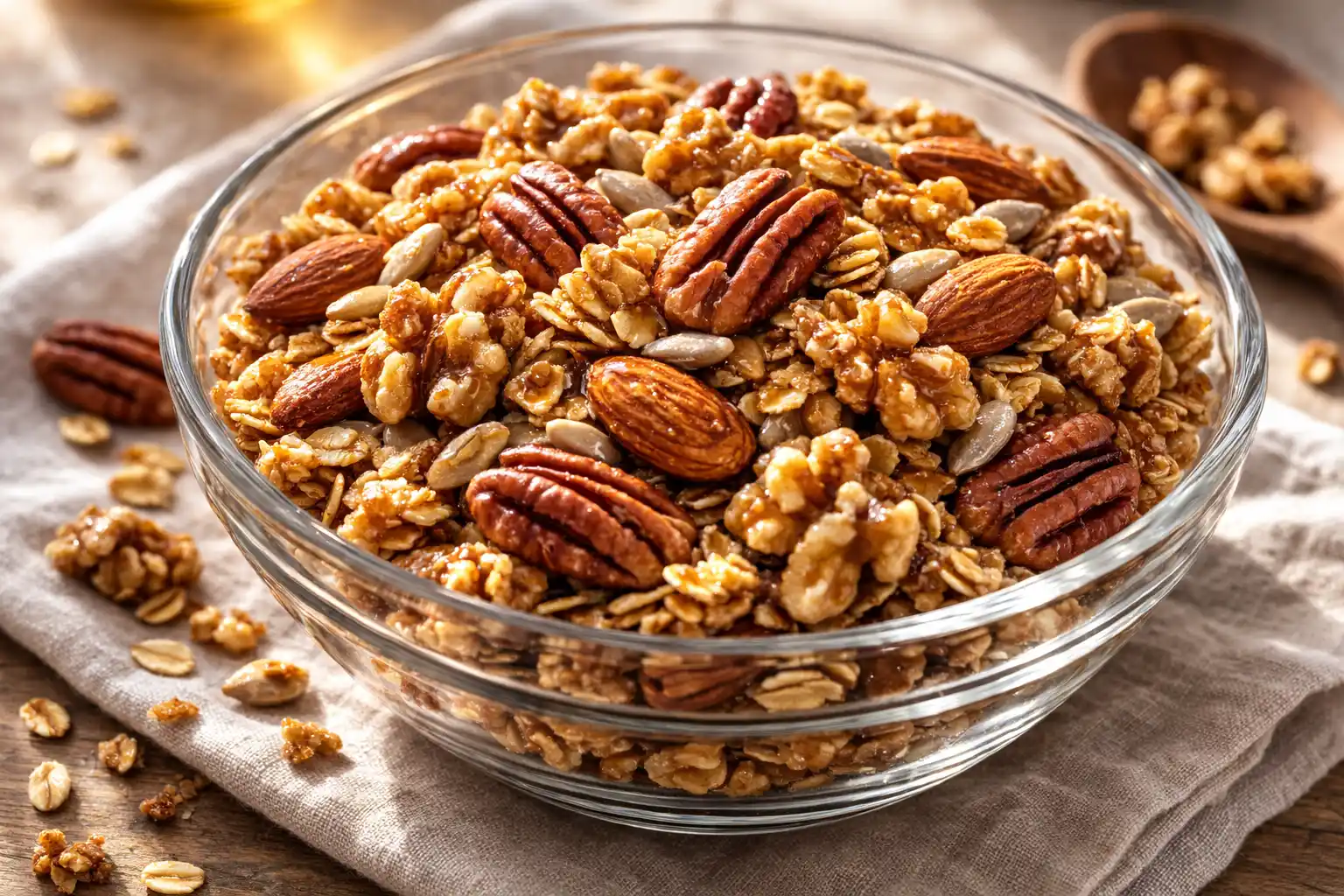 Lyxig granola recept med rostade nötter och gyllene kluster på plåt, serverad med yoghurt.