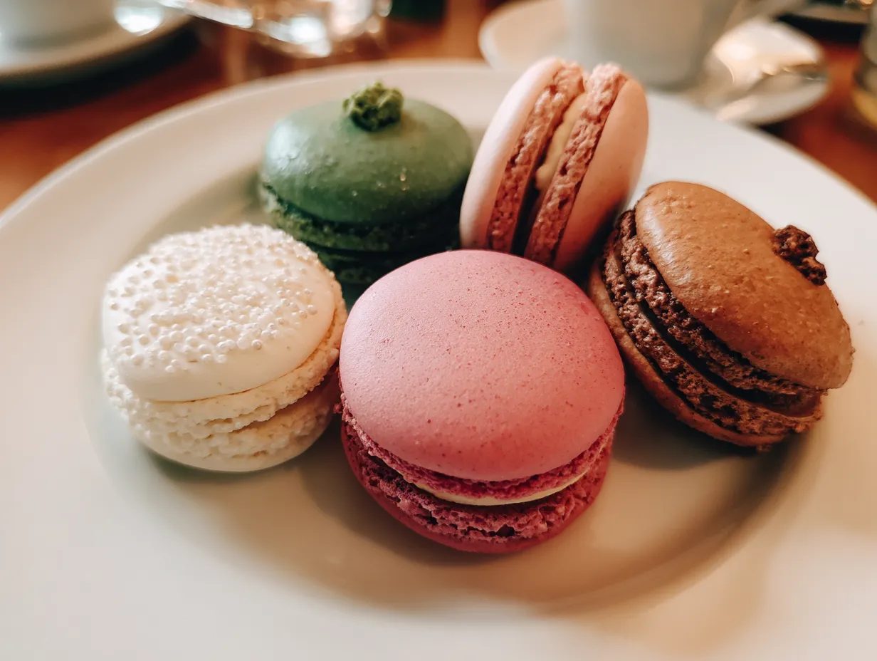 Färgglada macarons staplade på varandra med synlig krämig fyllning mot en ljus bakgrund.