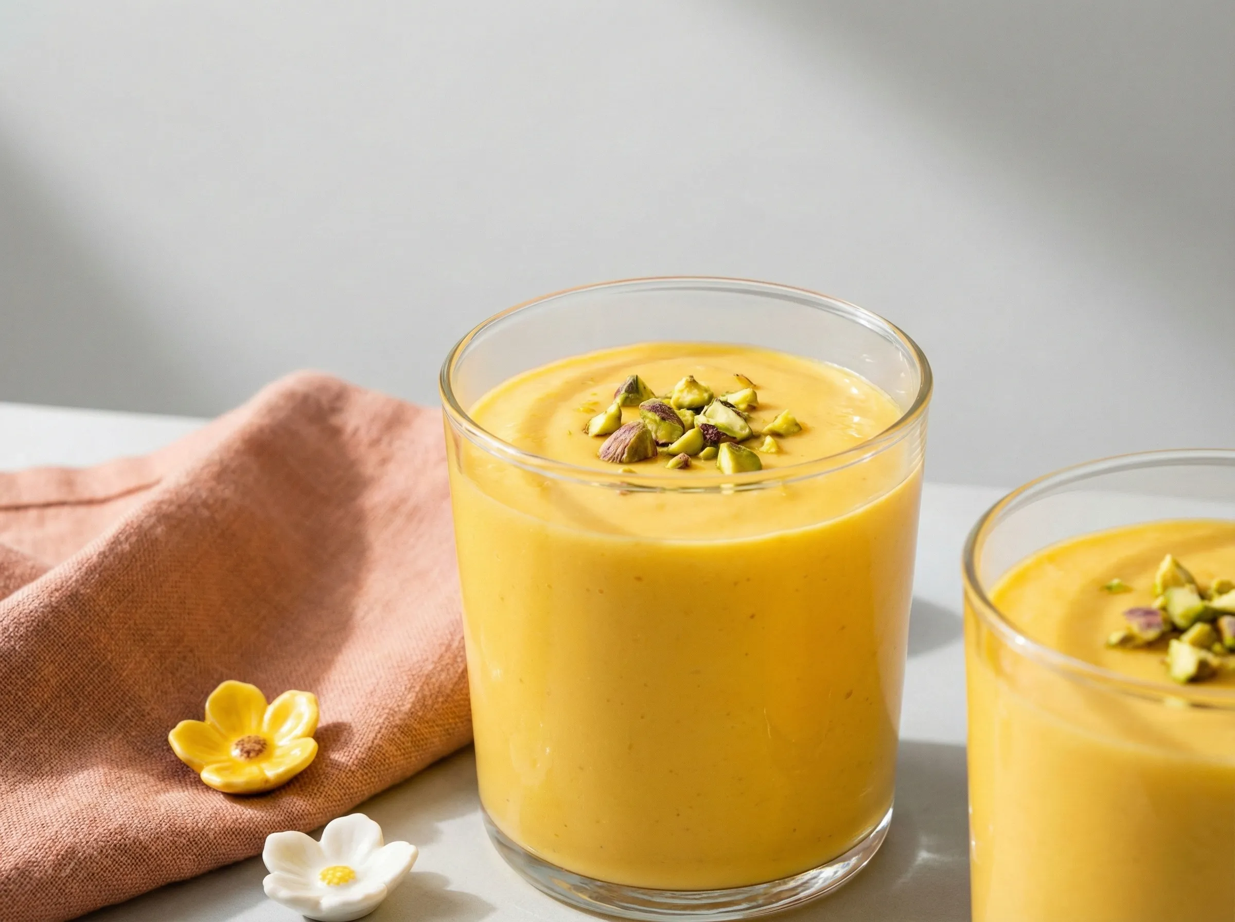 En krämig Mango lassi i ett glas med hackade pistagenötter på toppen och en nypa kardemumma bredvid drycken.