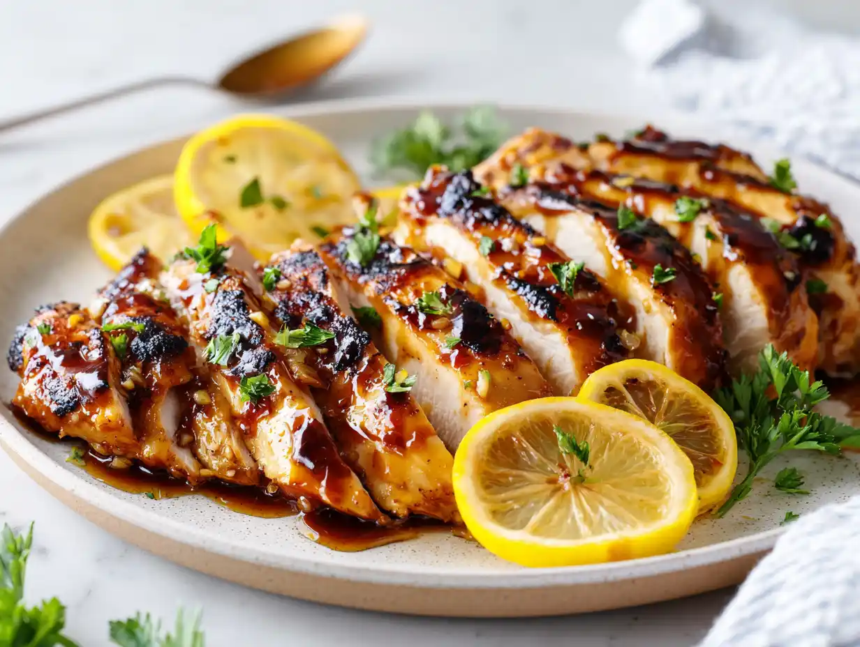 marinad till kyckling i skivad, gyllene form med blank yta, grillad citron och persilja på ljus tallrik.
